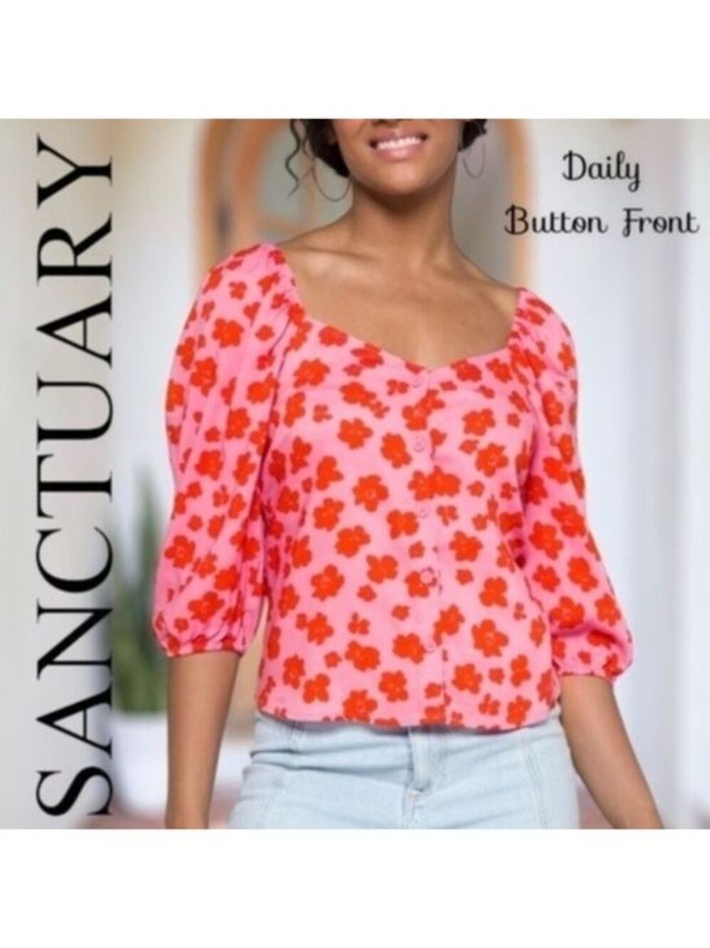 SANCTUARY Daily Button-Front Square Neck 3/4 Sleeve Lightweight Blouse, Md NWT